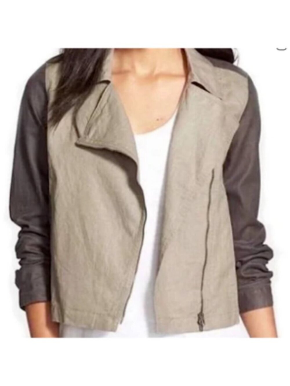 Eileen Fisher Linen Coated Jacket Taupe Moto Drape Open Front Jacket Large